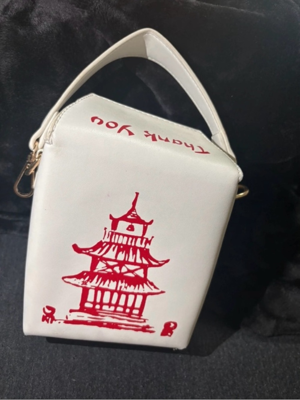 White Handheld Novelty Tote with Red Pagoda Print